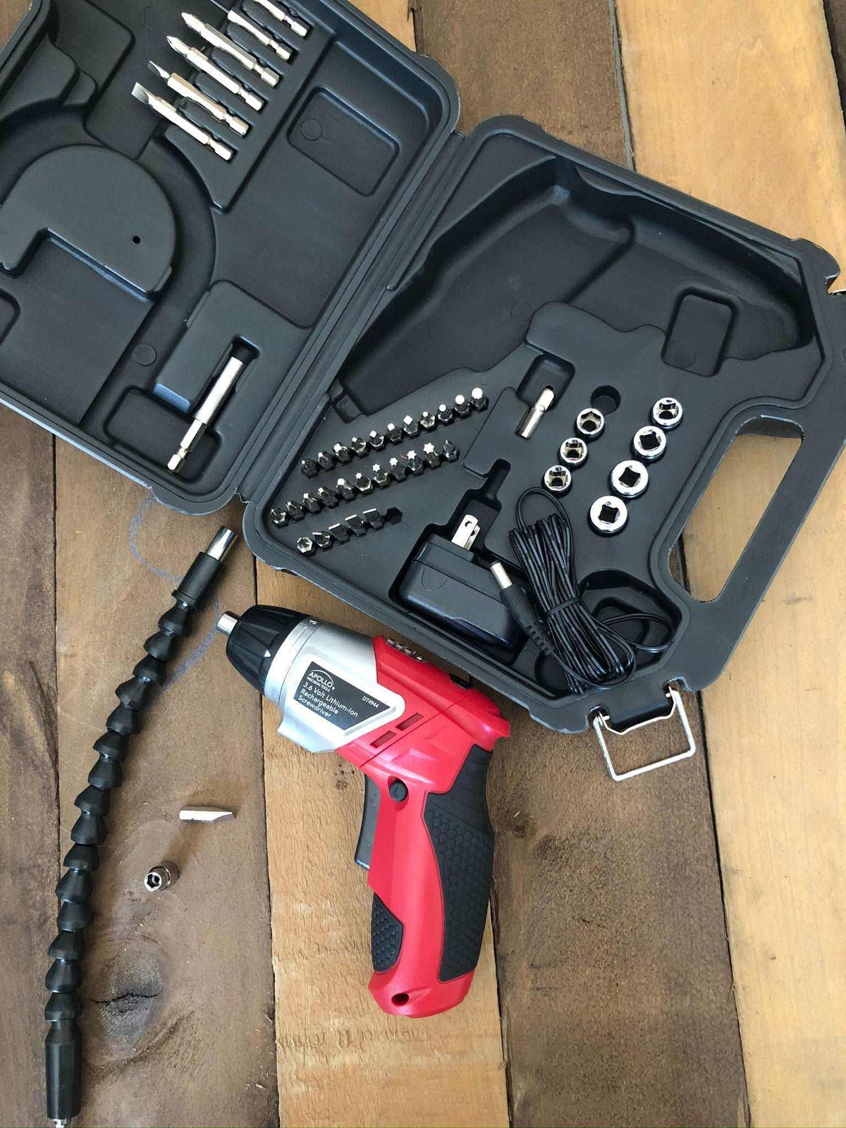 3.6 Volt Lithium-Ion Rechargeable Screwdriver with 45 piece accessory set and flexible bit extension in black carrying case