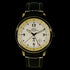 B-17 Tribute watch with gold finish, beige dial, stainless steel case, brown leather strap, and original B-17 Flying Fortress airframe artifact display
