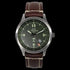 B-17 Tribute watch with dark green dial, stainless brush finish, and brown leather band