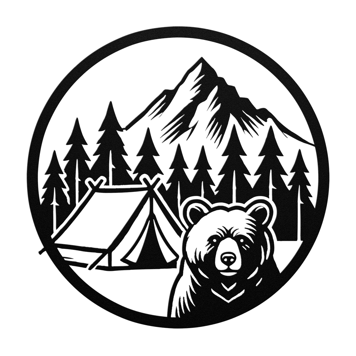Black metal wall art featuring a bear, tent, trees, and mountain landscape in a circular frame