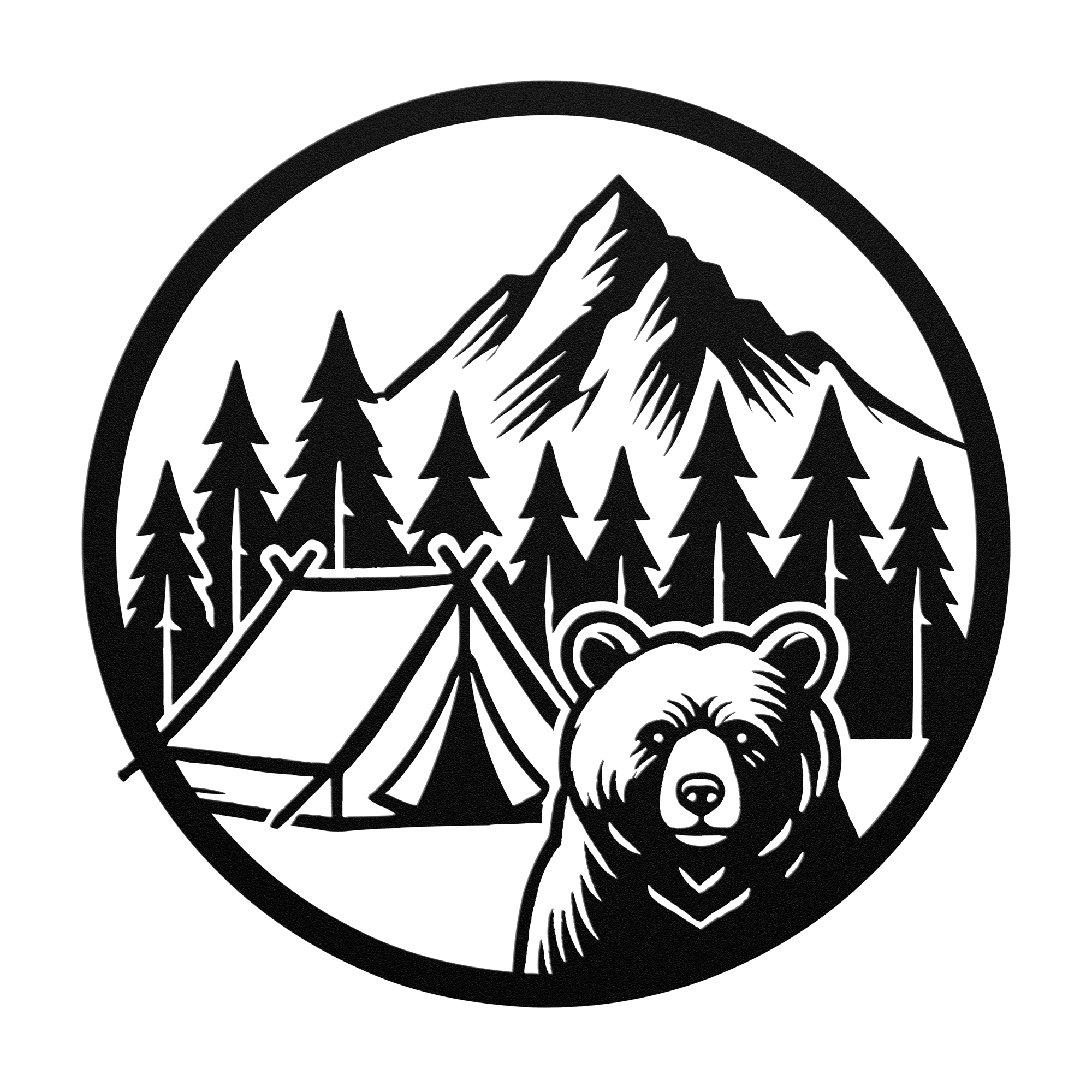 Bear Camping Metal Wall Art featuring a bear, tent, mountains, and trees for outdoor decor.