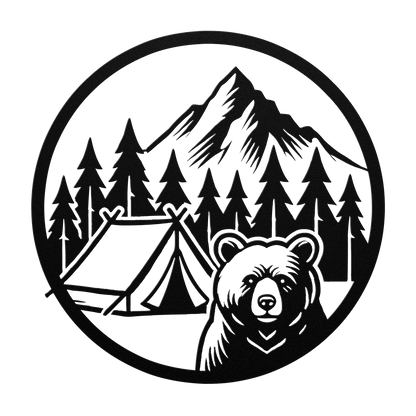 Bear Camping Metal Wall Art featuring a bear, tent, mountains, and trees for outdoor decor.