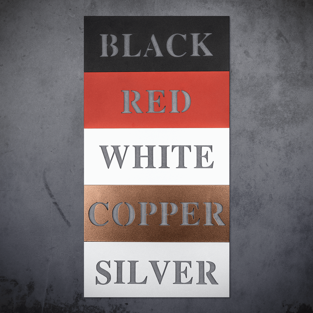 Metal wall art color options including black, red, white, copper, and silver panels displayed vertically on a gray background