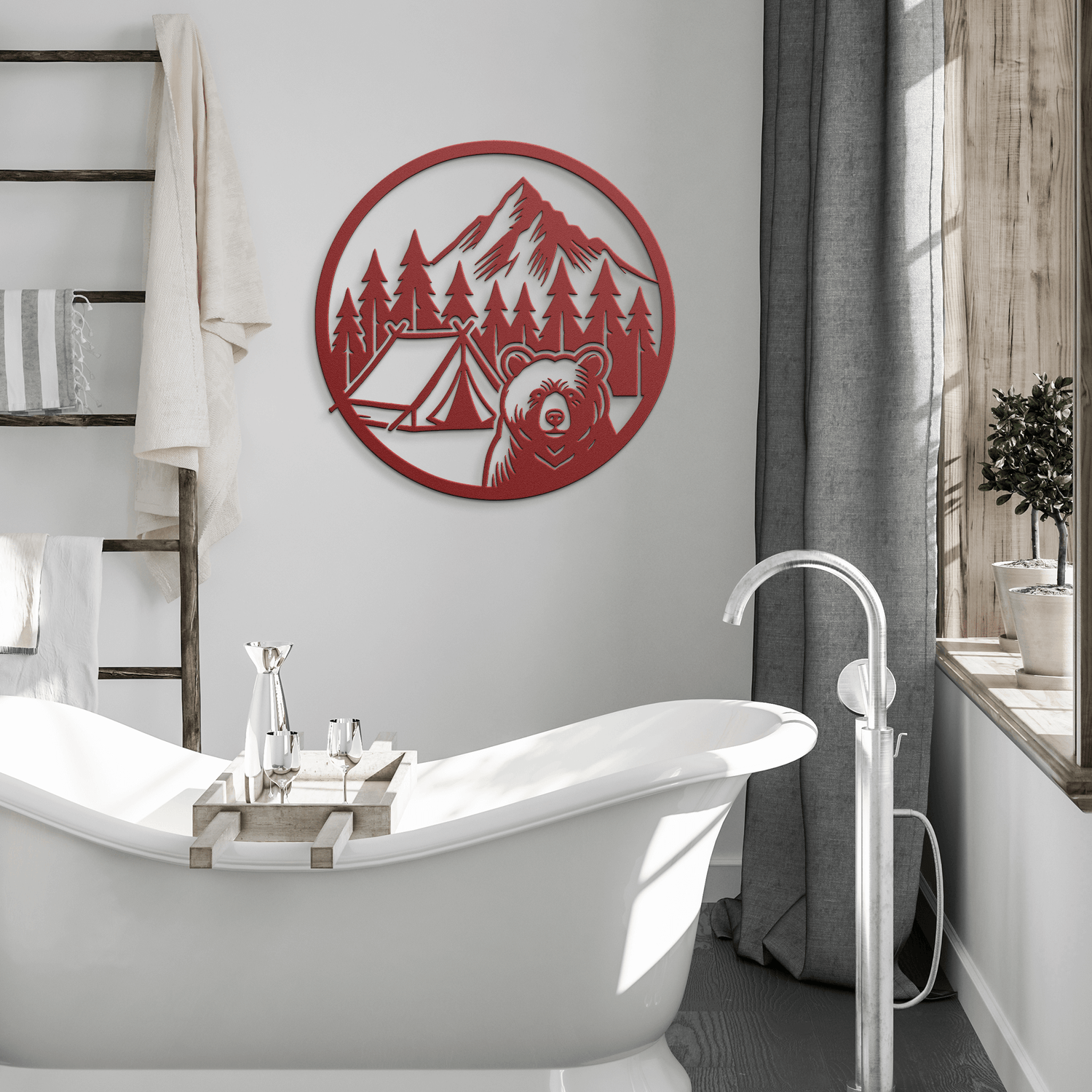 Bear camping metal wall art in a modern bathroom, featuring a bear, mountains, and tent design in red.