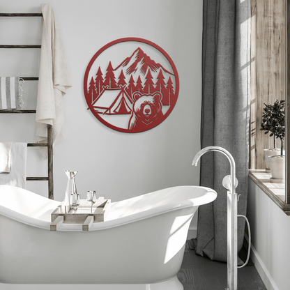 Bear camping metal wall art in a modern bathroom, featuring a bear, mountains, and tent design in red.