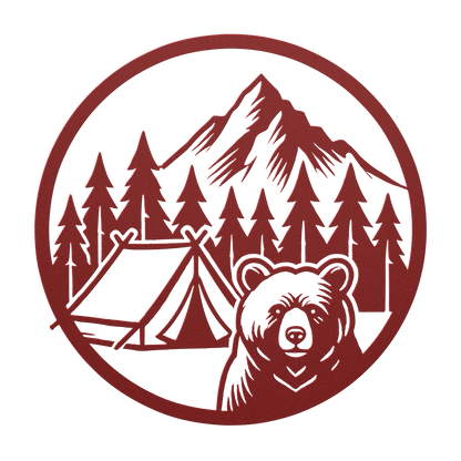 Bear camping metal wall art featuring a bear, tent, and mountains, perfect for outdoor decor.