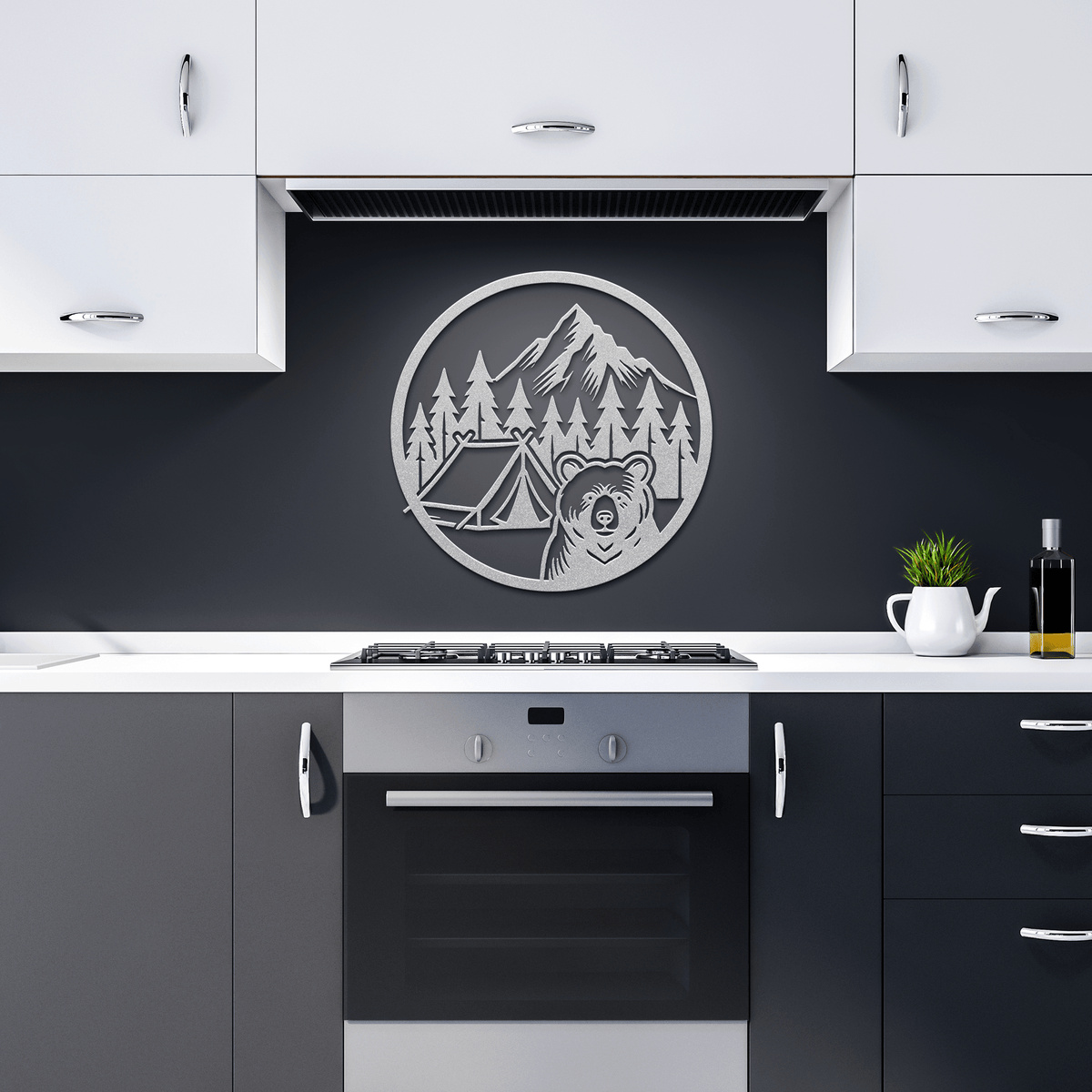 Metal wall art featuring a bear, mountain, and camping scene in a modern kitchen setting