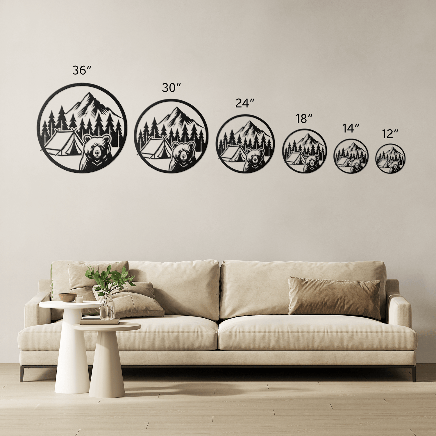 Bear camping metal wall art in various sizes displayed above a modern sofa, showcasing outdoor adventure decor.