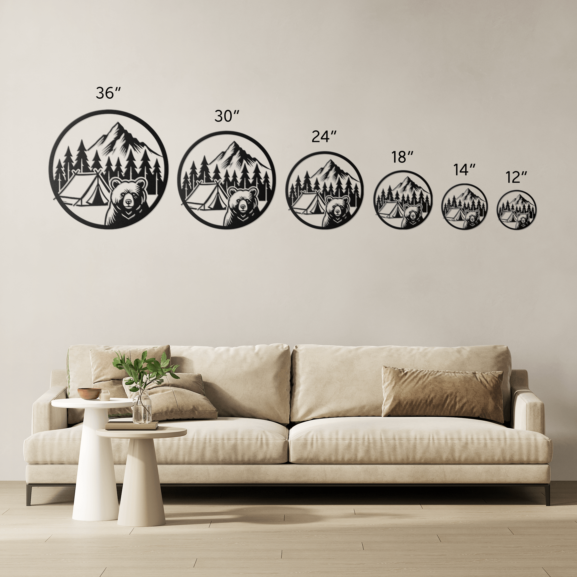 Bear camping metal wall art in various sizes displayed above a modern sofa, showcasing outdoor adventure decor.