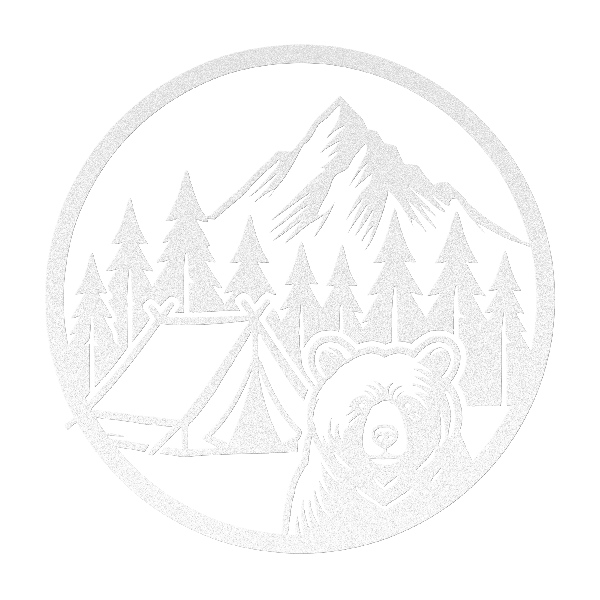 Bear camping metal wall art featuring a bear, tent, and mountains amidst trees, perfect for outdoor decor.
