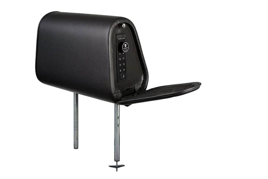 The Vulcan Headrest Safe steel lockbox installed on a truck seat headrest