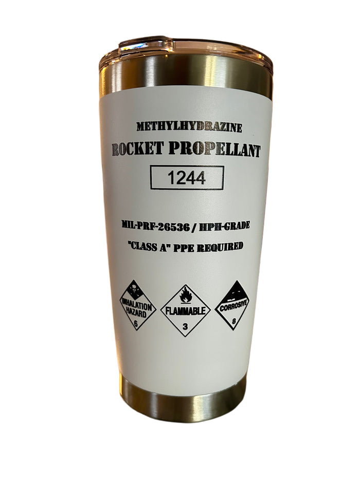 White stainless steel rocket propellant tumbler with hazard markings and Red Planet Resorts logo double-insulated for hot and cold drinks