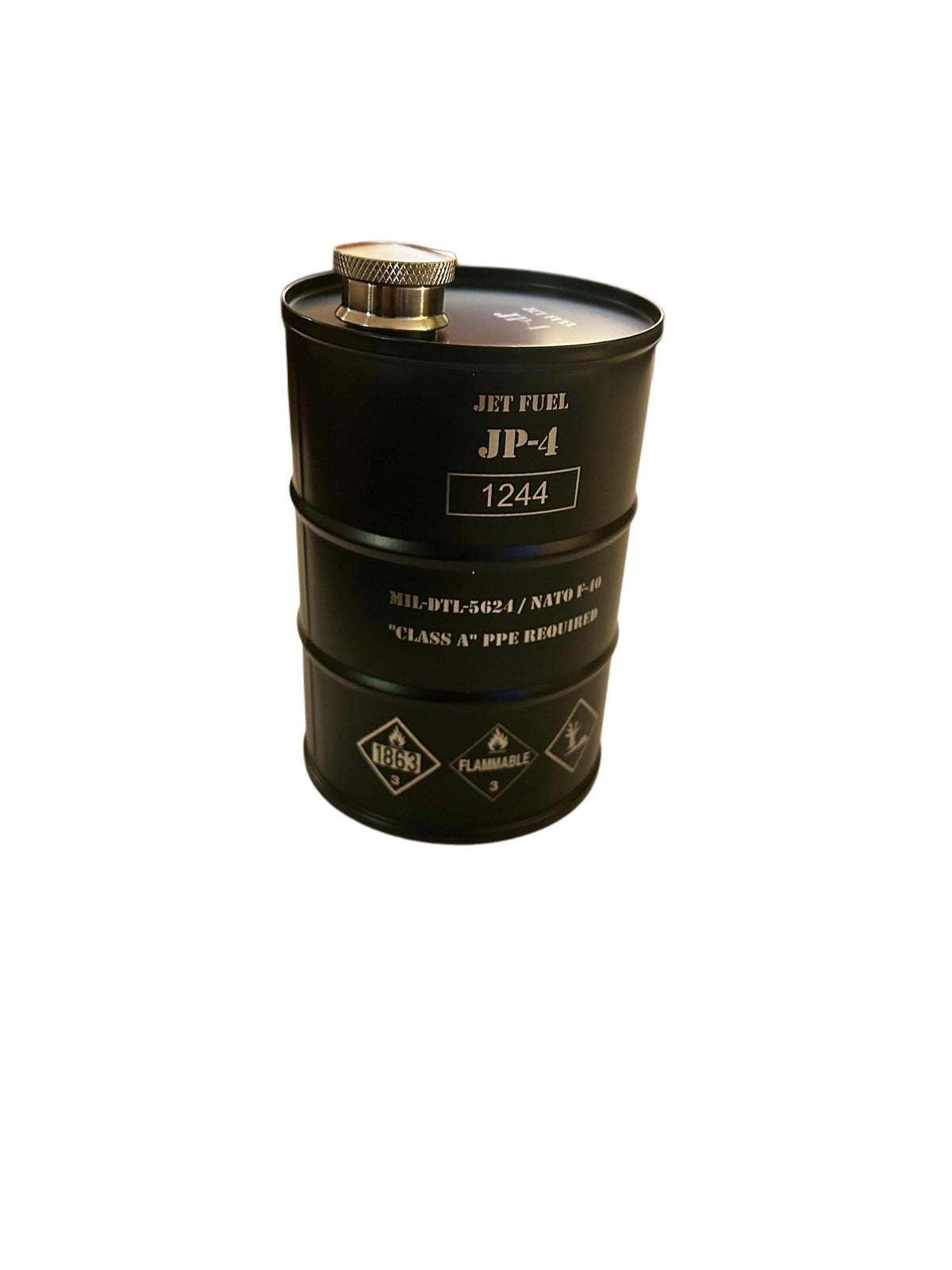 JP-4 Jet Fuel Flask shaped like a vintage fuel barrel with hazard markings and a matte stainless steel finish