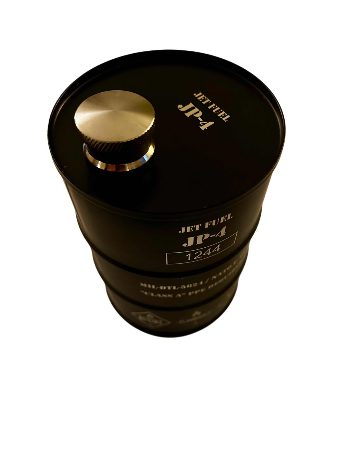 Compact JP-4 Jet Fuel Flask shaped like vintage metal drum with hazard markings and matte finish