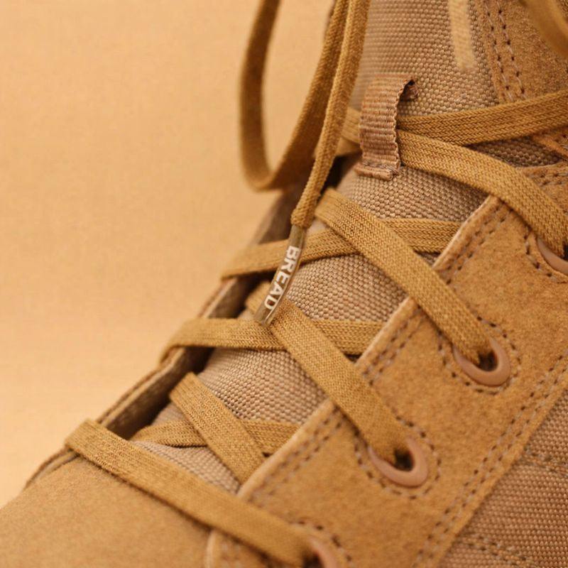 Stretchy Coyote Brown Bread Laces securely tied on shoes for easy slip-on convenience