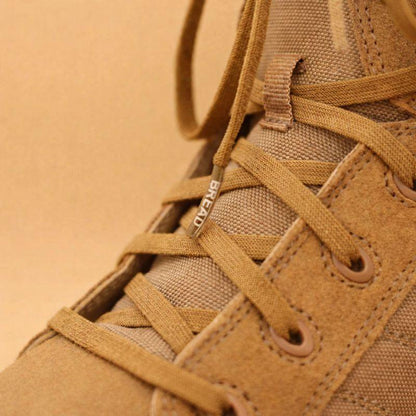 Stretchy Coyote Brown Bread Laces securely tied on shoes for easy slip-on convenience