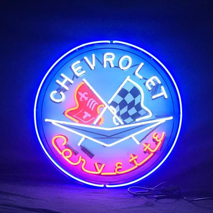 Chevrolet Corvette neon sign with glass tube and metal grid backing for indoor decor