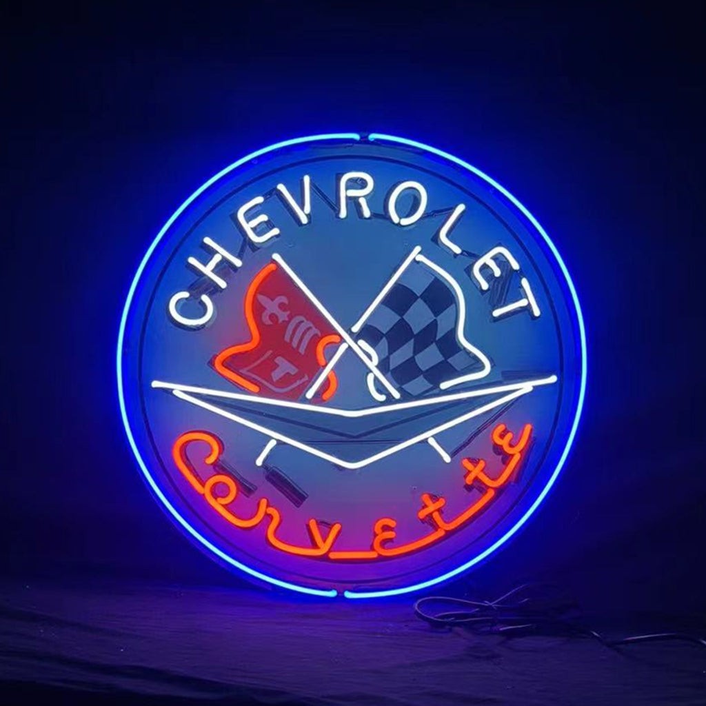 Chevrolet Corvette neon sign with glass tube and metal grid, 24x24 inch acrylic backing, indoor decorative lighting