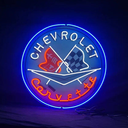 Chevrolet Corvette neon sign with glass tube and metal grid, 24x24 inch acrylic backing, indoor decorative lighting