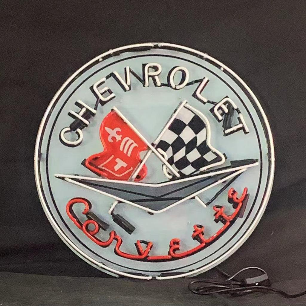 Chevrolet Corvette neon sign with 24x24 inch glass tube, acrylic backing, and metal grid for indoor decor