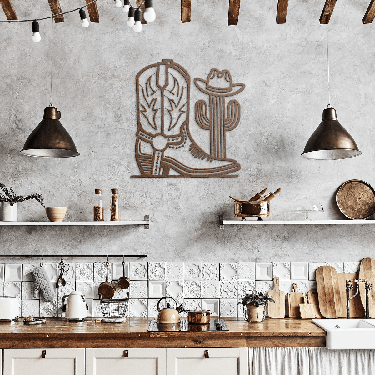 Cowboy boot and cactus metal wall art in rustic kitchen decor