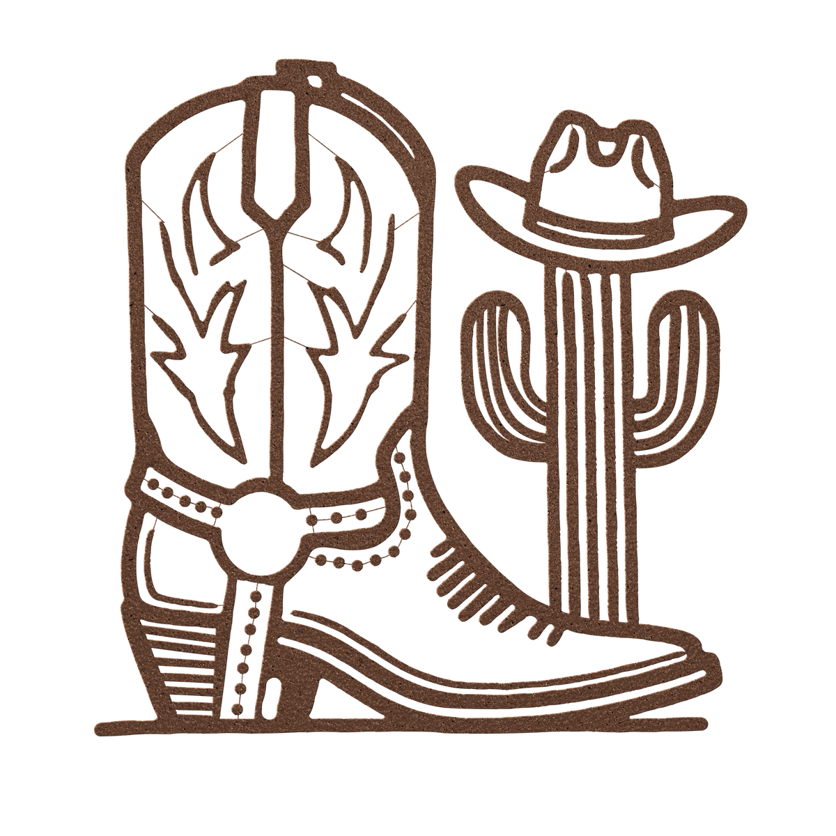 Western cowboy boot and cactus metal wall art cut from 18-gauge steel, rustic western decor