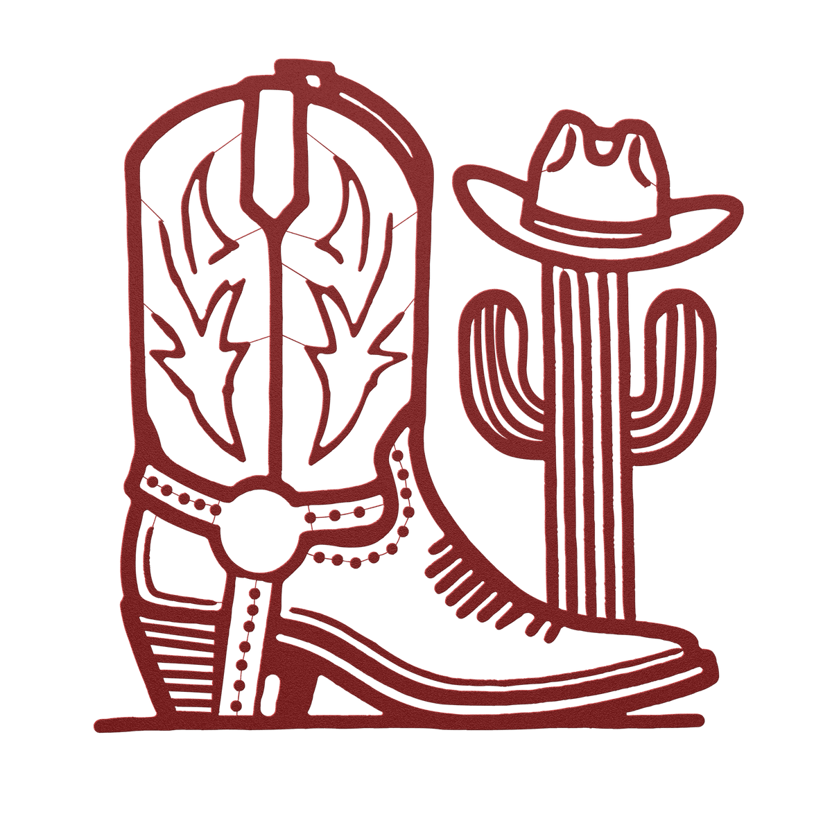 Red metal wall art featuring a cowboy boot and cactus with a western theme