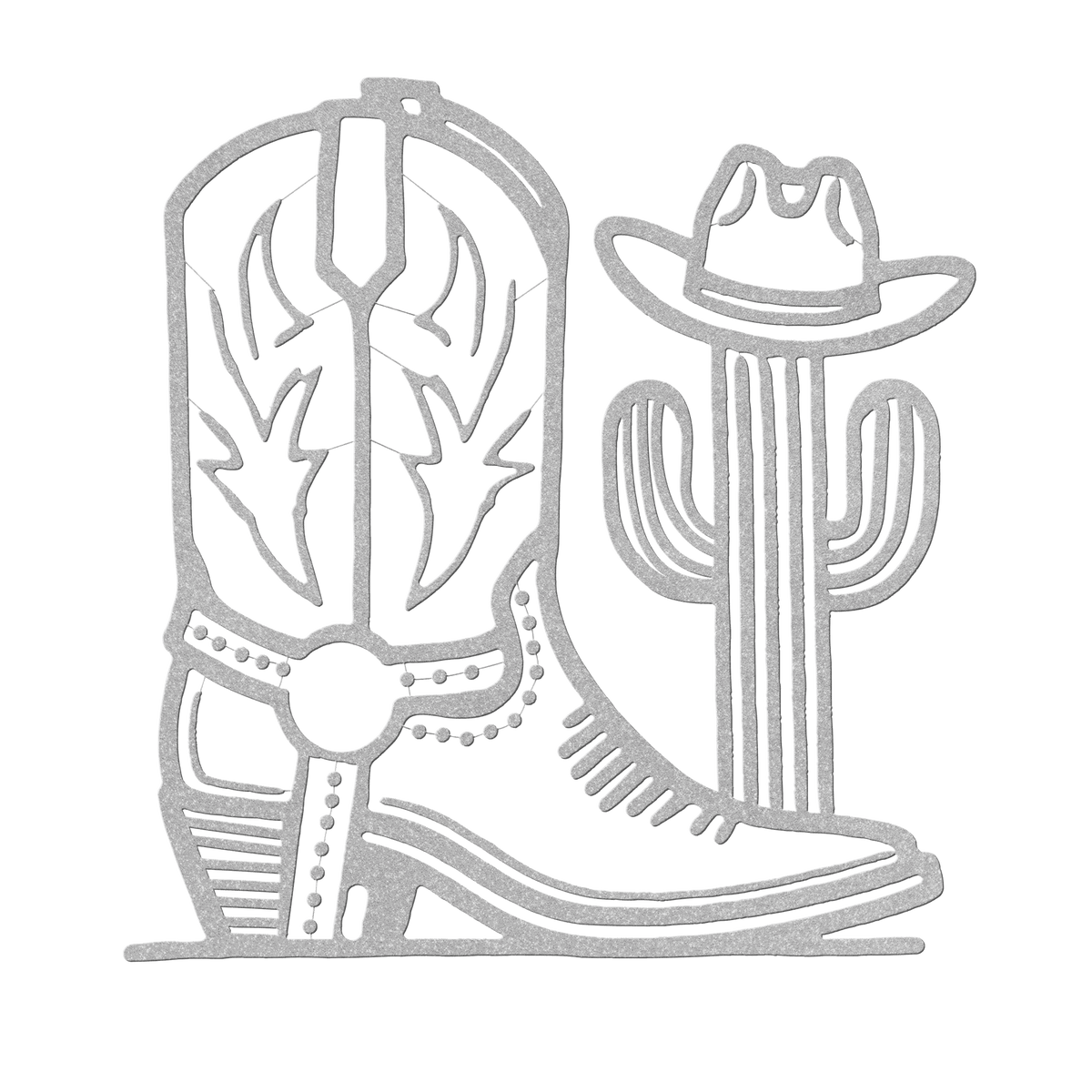 Metal wall art featuring a cowboy boot and cactus cut from 18-gauge steel for western rustic decor