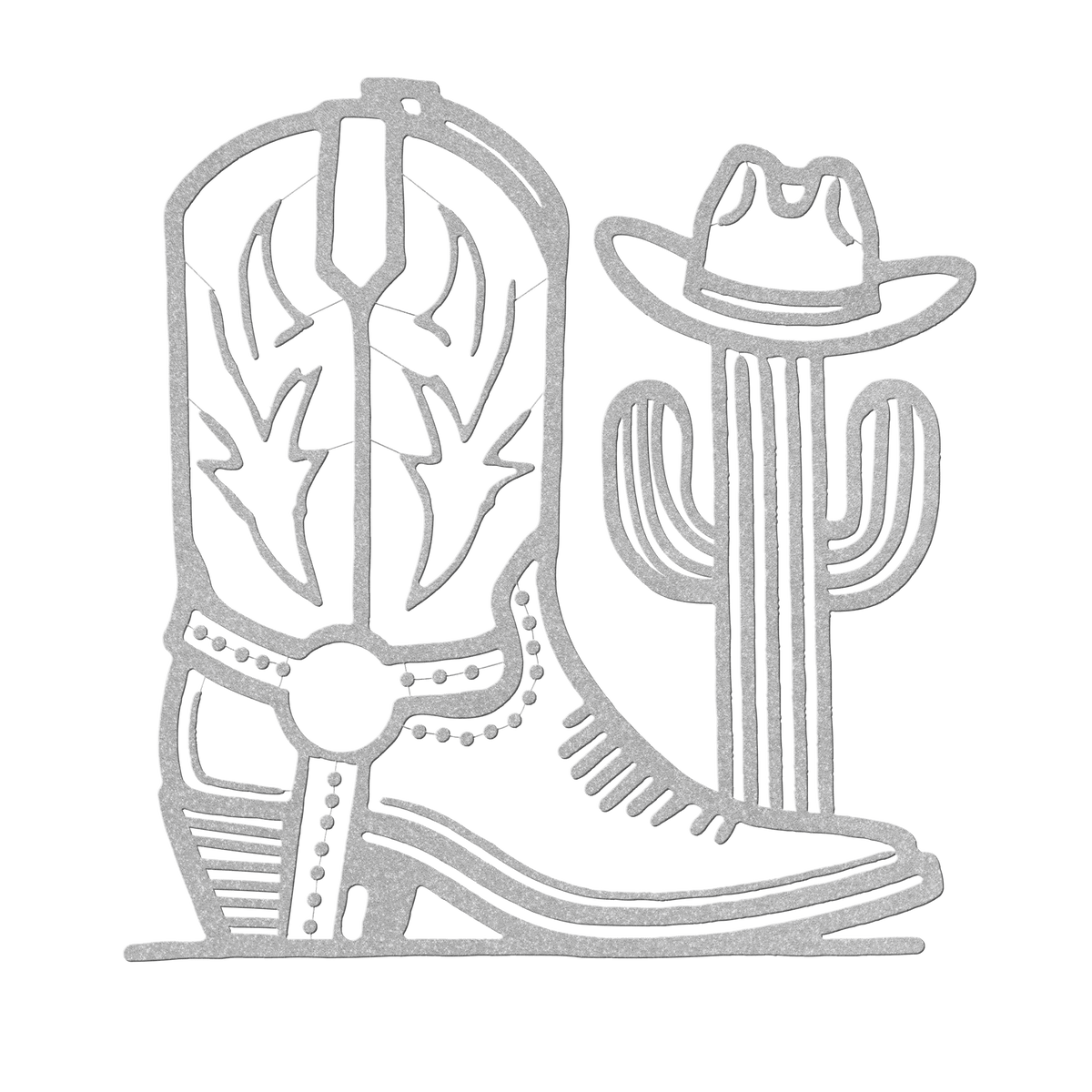 Metal wall art featuring a cowboy boot and cactus with cowboy hat in silver steel design