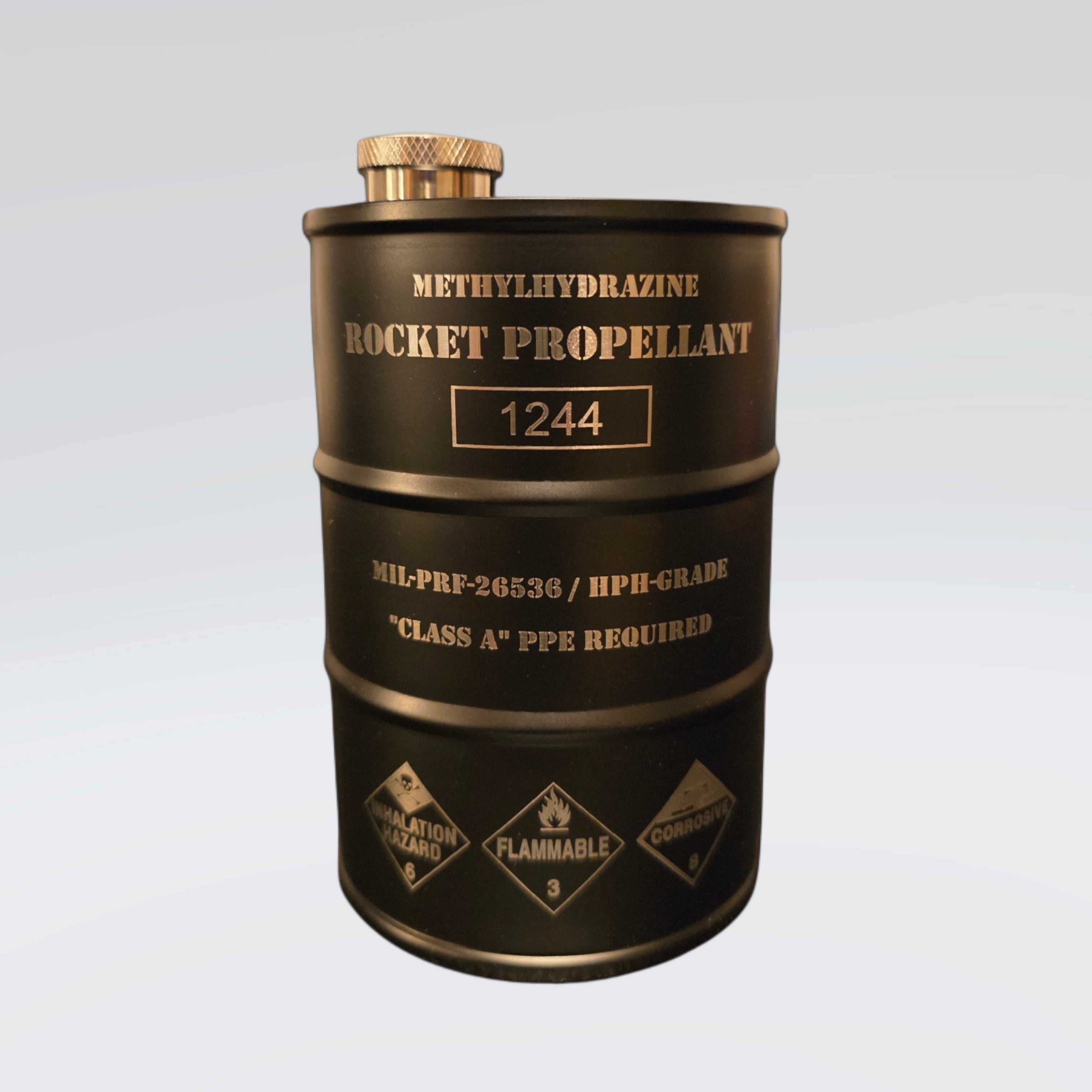 Hydrazine Barrel Flask shaped like rocket propellant drum with hazard markings and leak-proof cap