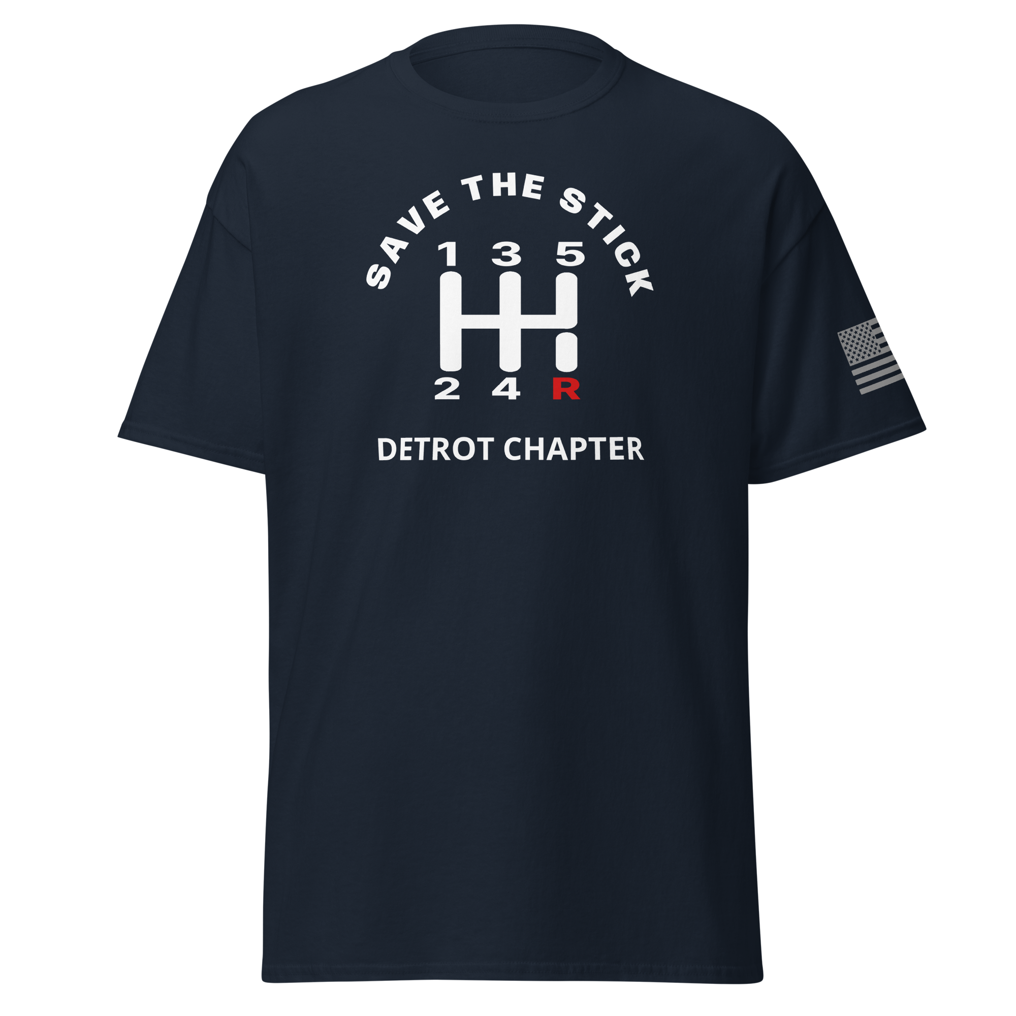 Custom Manual transmission car shirt featuring 'Save the Stick' graphic and Detroit Chapter design.