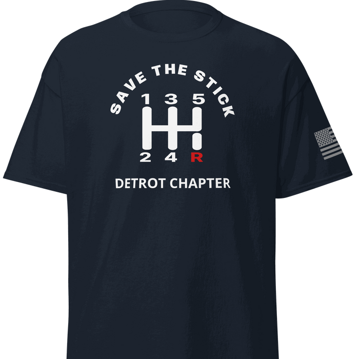 Stick Shift Custom Manual transmission car shirt featuring 'Save the Stick' graphic and Detroit Chapter design.