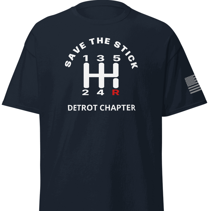Stick Shift Custom Manual transmission car shirt featuring 'Save the Stick' graphic and Detroit Chapter design.
