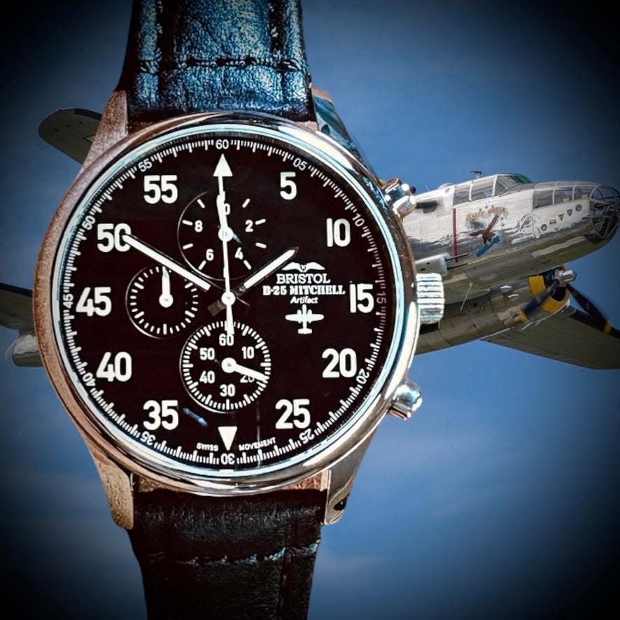 B-25 pilot watch with black leather band and chronograph dial inspired by B-25 Mitchell bomber aviation heritage