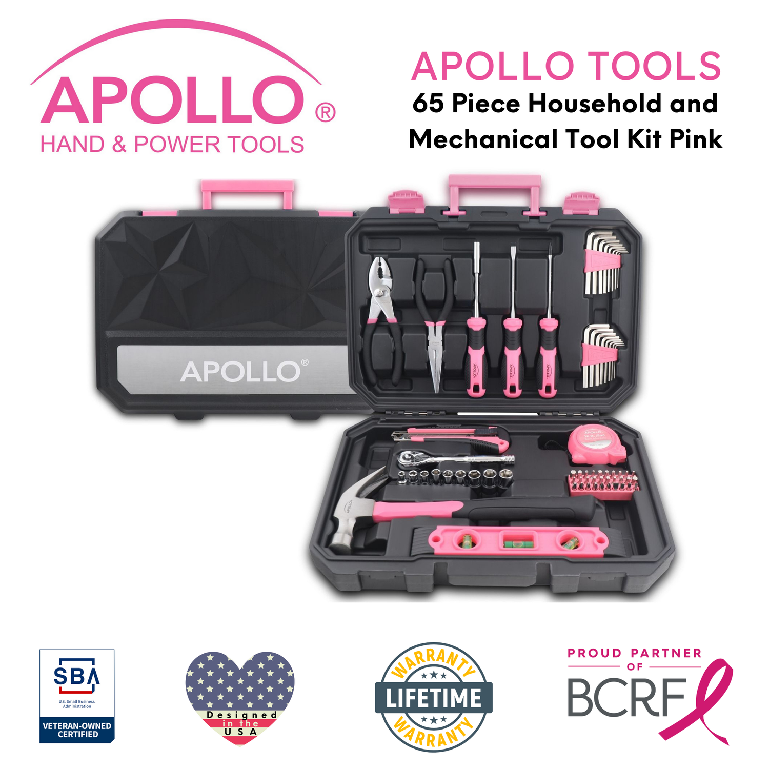 Essential 65-Piece Pink Tool Set with Socket Set and Most-Used Tools for Do it Yourself Repairs and Maintenance - DT0001P - Prop and Piston
