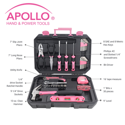 Essential 65-Piece Pink Tool Set with Socket Set and Most-Used Tools for Do it Yourself Repairs and Maintenance - DT0001P - Prop and Piston