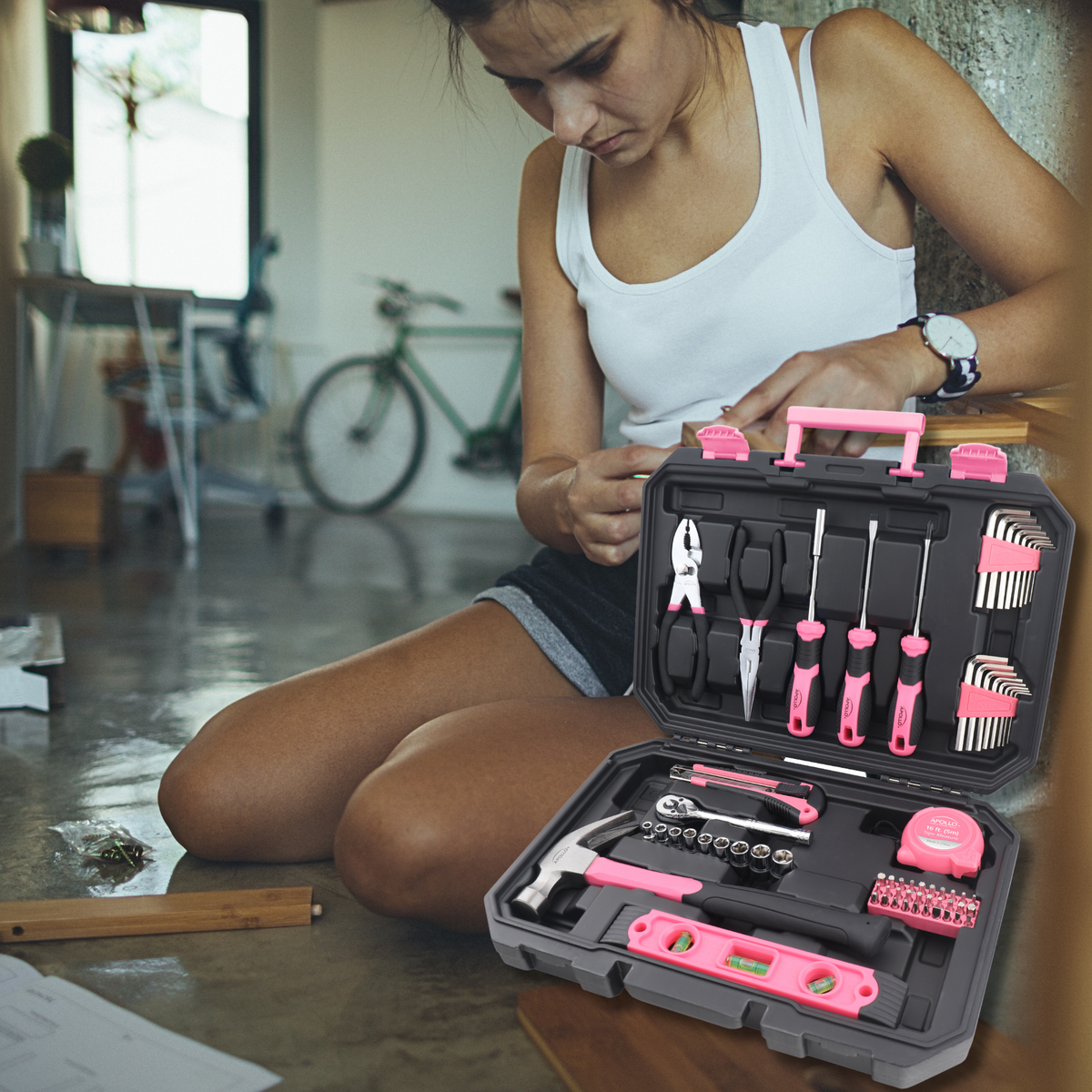 Essential 65-Piece Pink Tool Set with Socket Set and Most-Used Tools for Do it Yourself Repairs and Maintenance - DT0001P - Prop and Piston