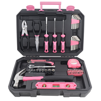 Essential 65-Piece Pink Tool Set with Socket Set and Most-Used Tools for Do it Yourself Repairs and Maintenance - DT0001P - Prop and Piston