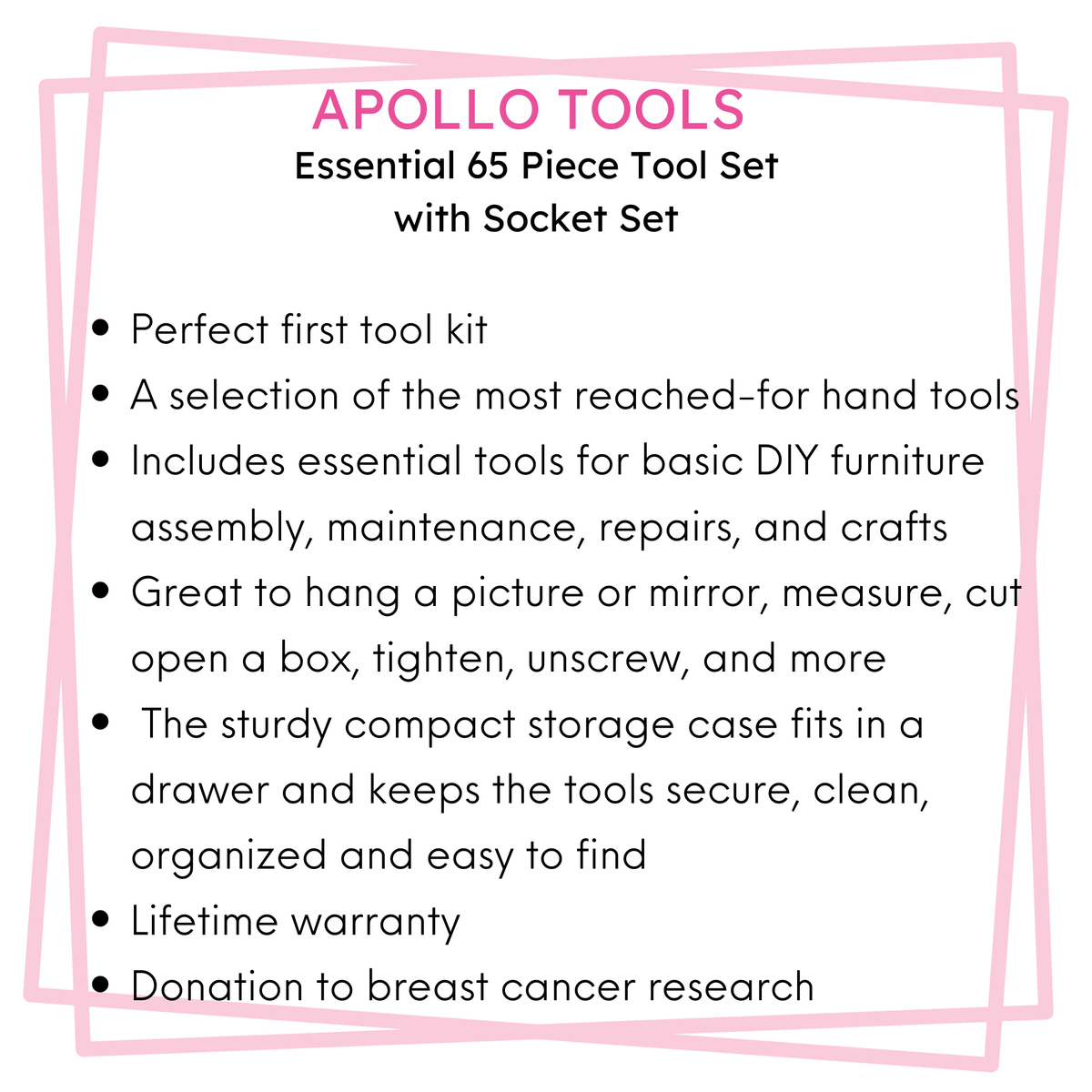 Essential 65-Piece Pink Tool Set with Socket Set and Most-Used Tools for Do it Yourself Repairs and Maintenance - DT0001P - Prop and Piston