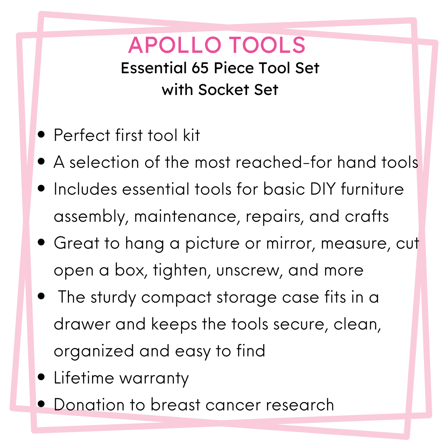 Essential 65-Piece Pink Tool Set with Socket Set and Most-Used Tools for Do it Yourself Repairs and Maintenance - DT0001P - Prop and Piston