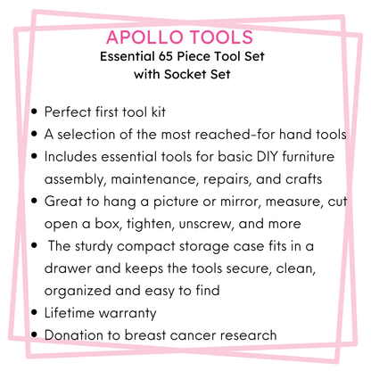 Essential 65-Piece Pink Tool Set with Socket Set and Most-Used Tools for Do it Yourself Repairs and Maintenance - DT0001P - Prop and Piston