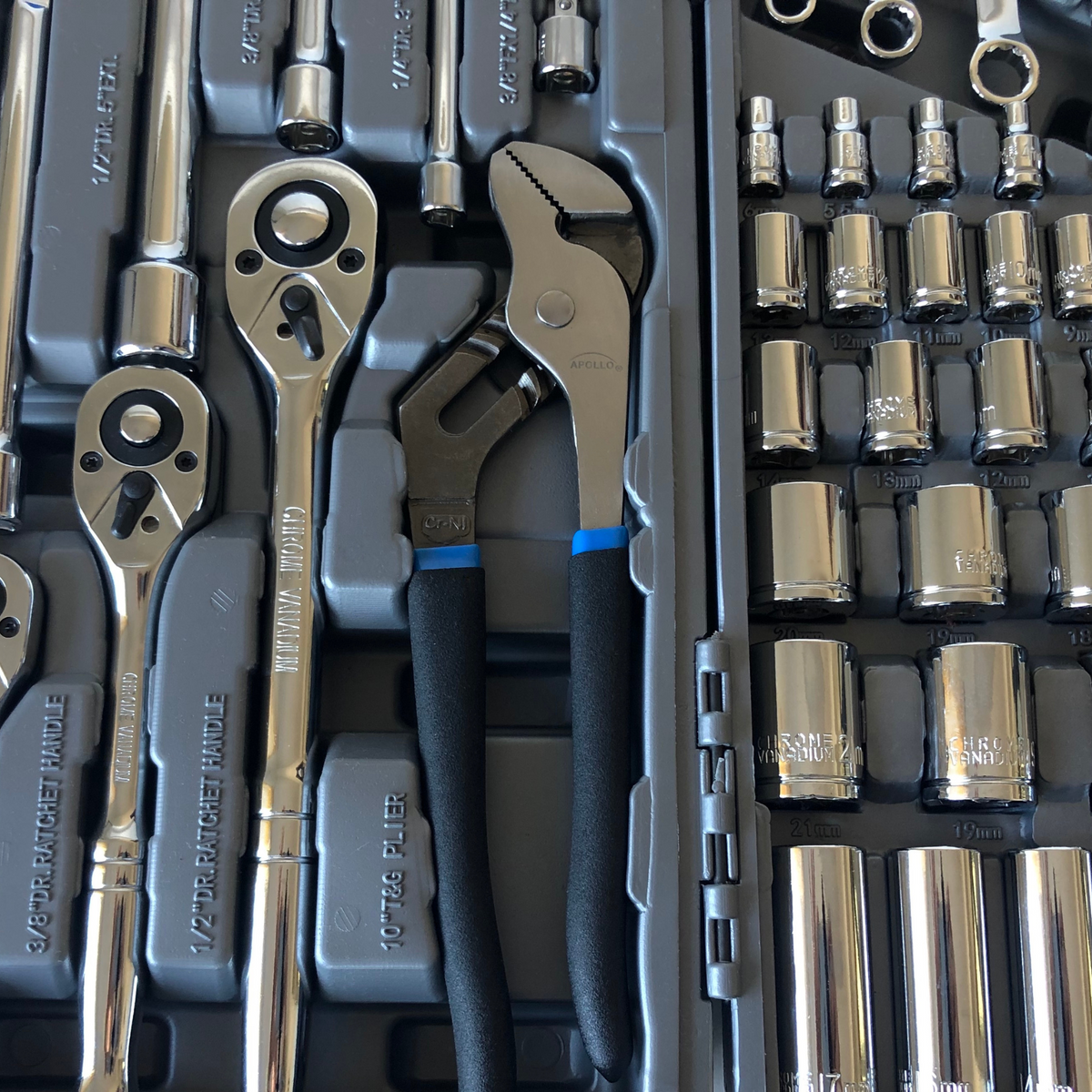163 piece mechanics tool kit with sockets, wrenches, pliers, and screwdriver bits in organized carrying case