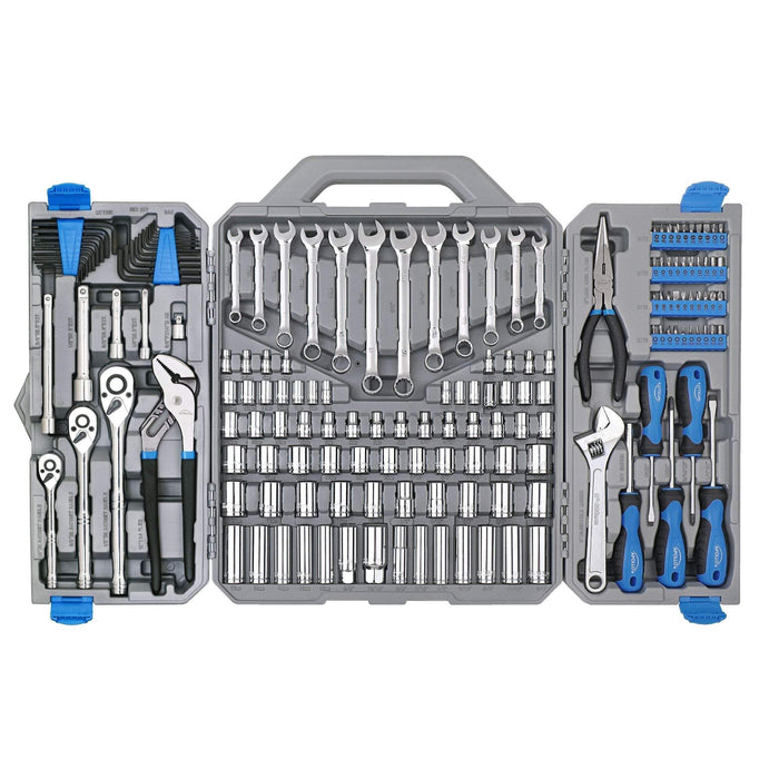163 piece mechanics tool kit with sockets, wrenches, pliers, screwdrivers, and hex keys in organized carrying case