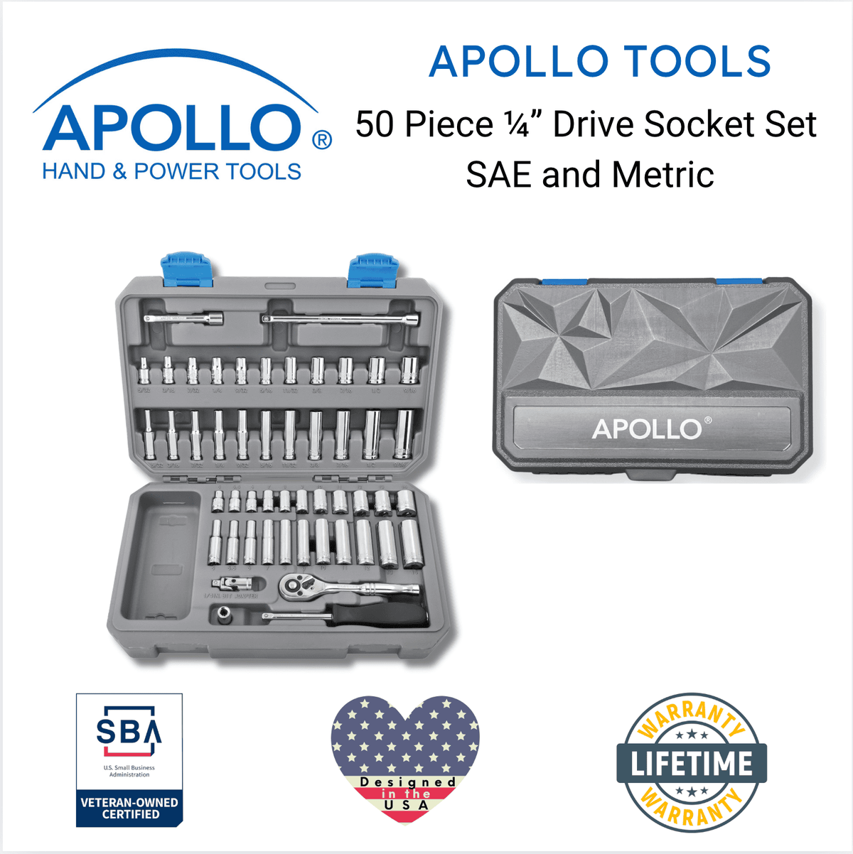 APOLLO TOOLS - DT0004-50 Piece ¼” Drive Socket Set - Prop and Piston