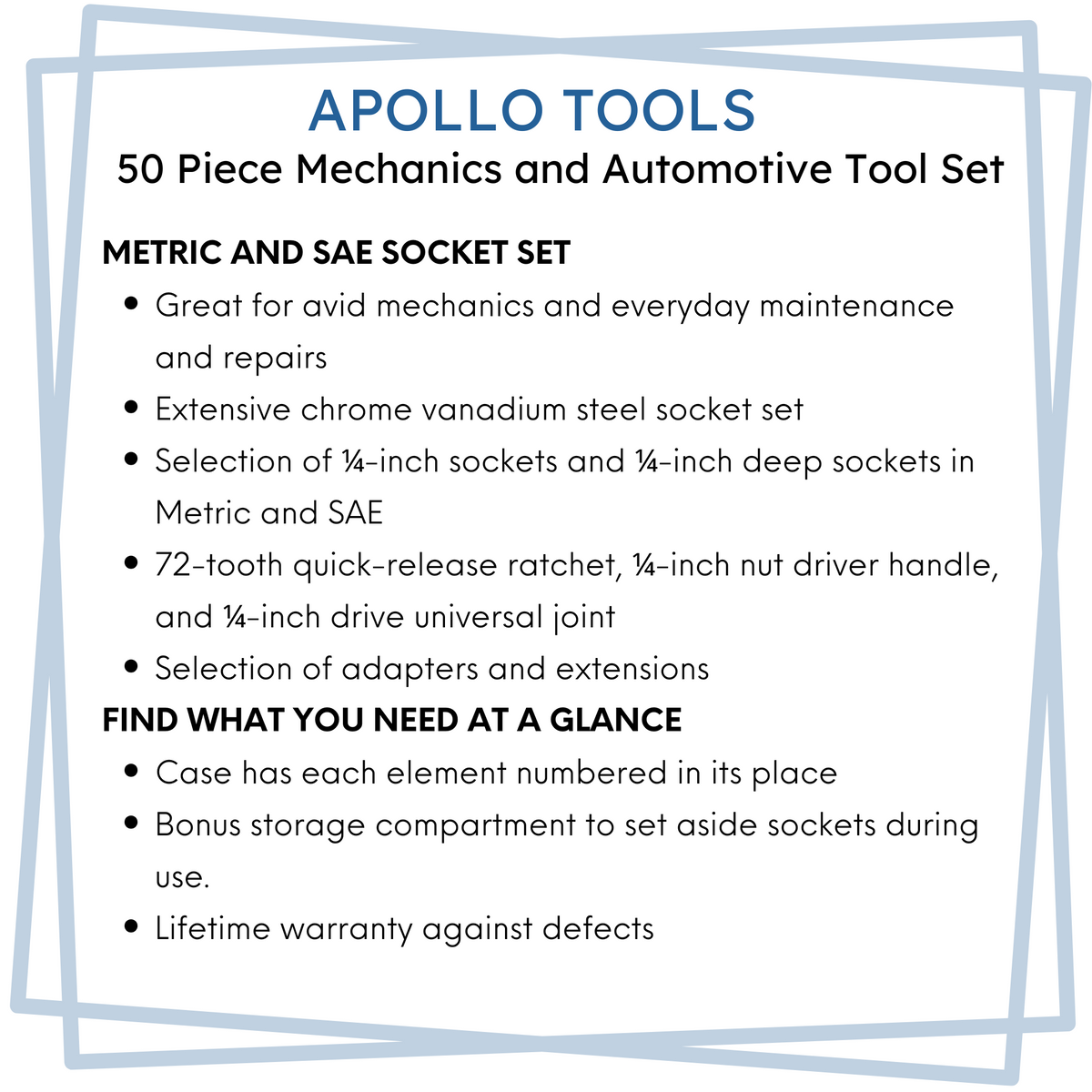 APOLLO TOOLS - DT0004-50 Piece ¼” Drive Socket Set - Prop and Piston