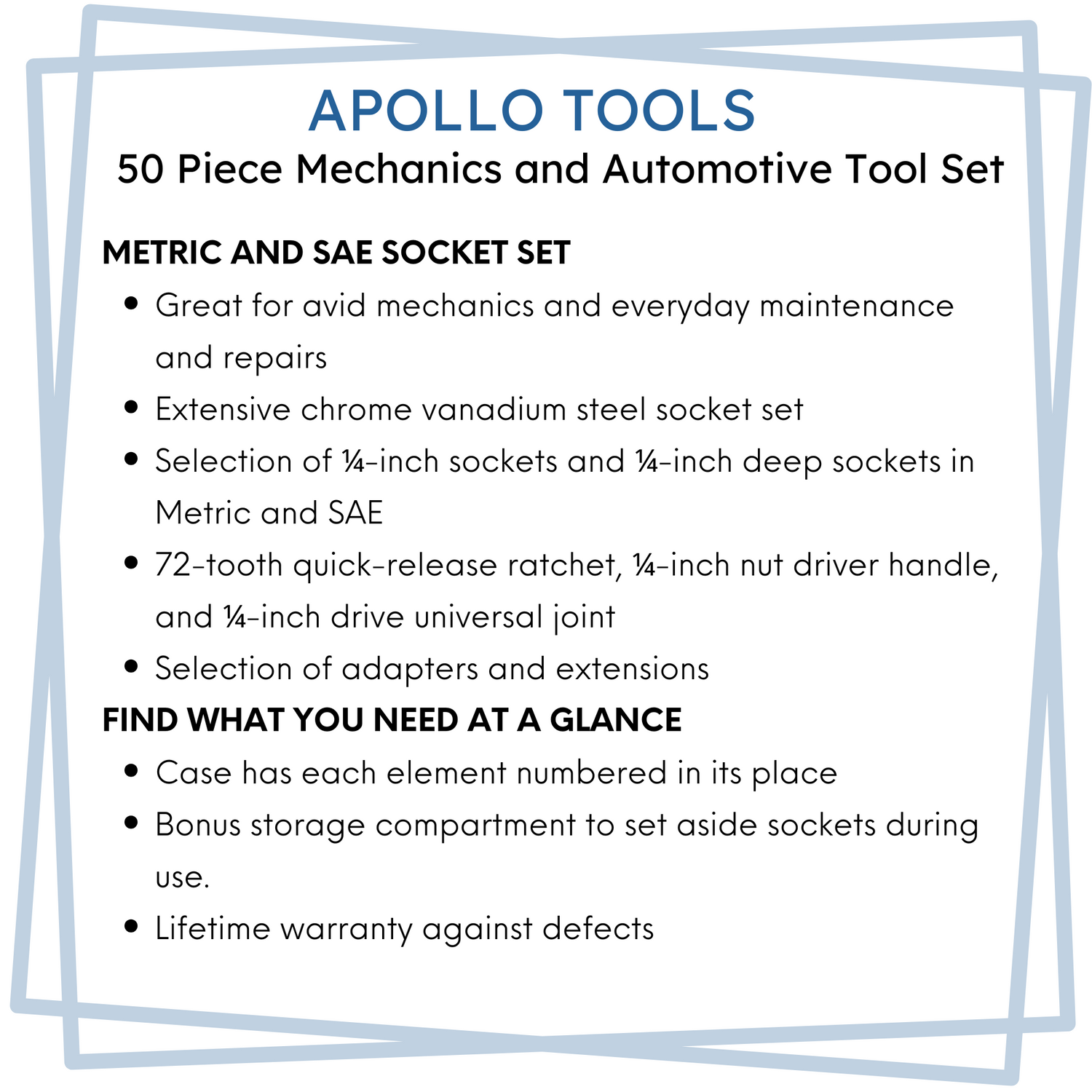APOLLO TOOLS - DT0004-50 Piece ¼” Drive Socket Set - Prop and Piston