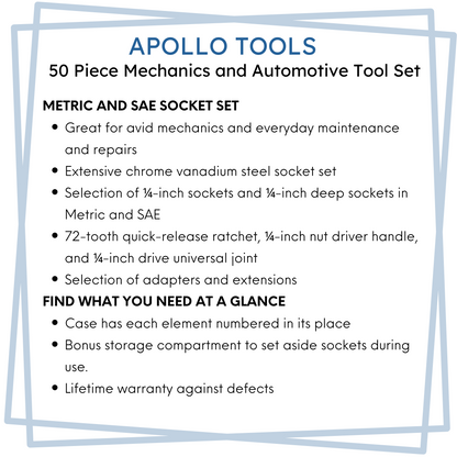 APOLLO TOOLS - DT0004-50 Piece ¼” Drive Socket Set - Prop and Piston