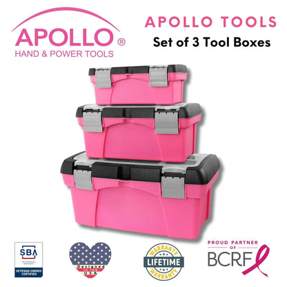 3 piece pink stackable tool box set with removable tote tray and compartmented lids