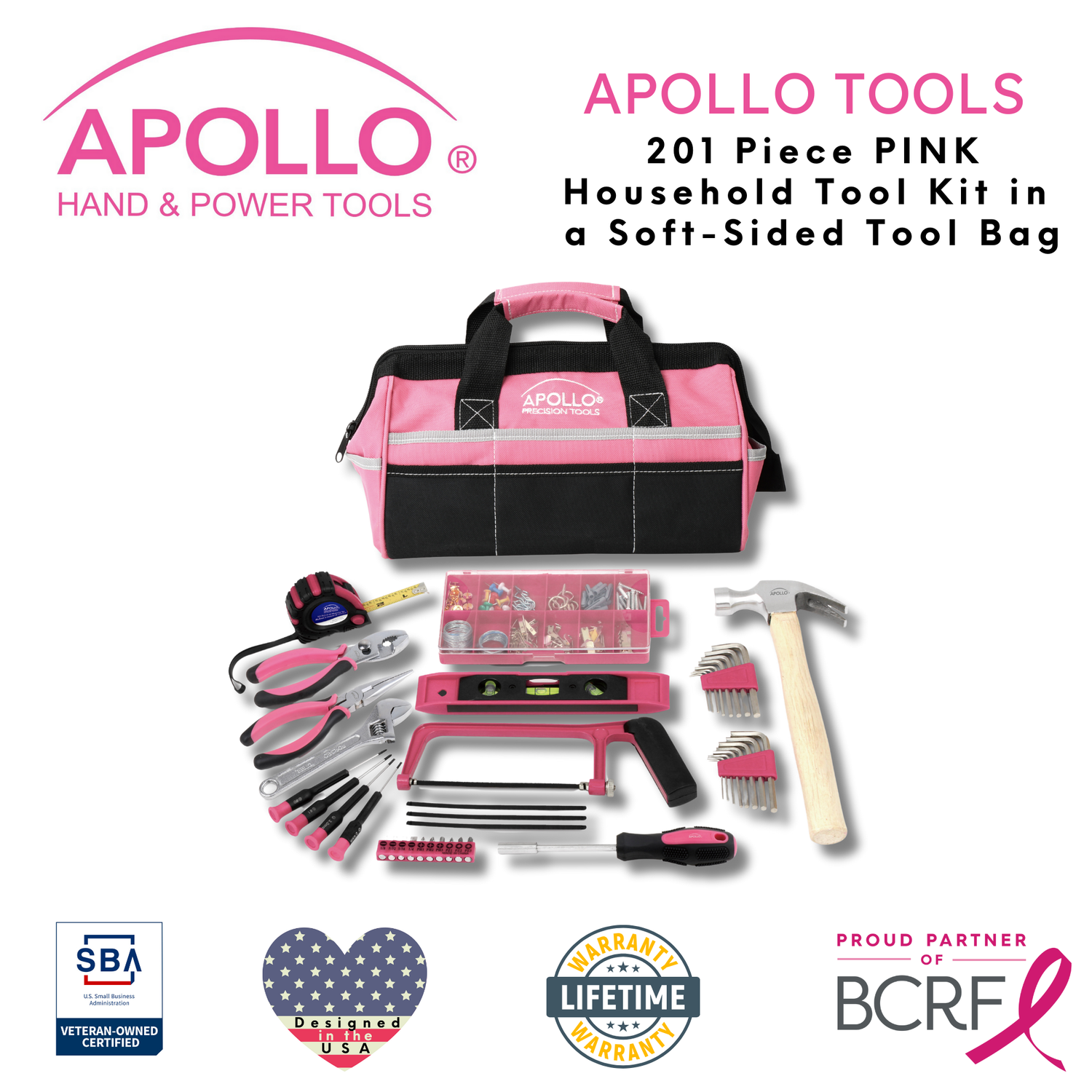 201 Piece Household Tool Kit in a Soft-Sided Tool Bag Pink - DT0020P - Prop and Piston