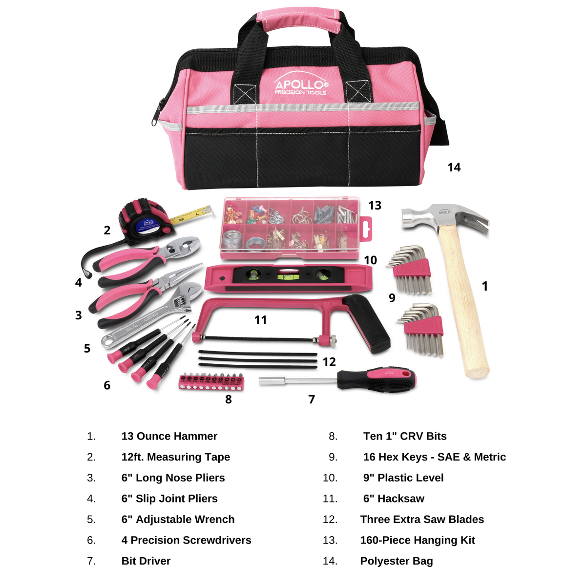 201 Piece Household Tool Kit in a Soft-Sided Tool Bag Pink - DT0020P - Prop and Piston